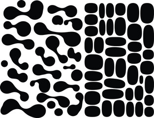 Abstract black and white shapes and patterns arranged on a white background for graphic design projects