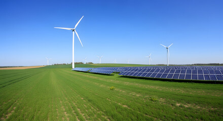 Wind turbines and solar panels in green field under blue sky, sustainability concept