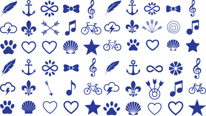 Collection of blue decorative vector icons featuring various shapes such as hearts anchors and musical notes