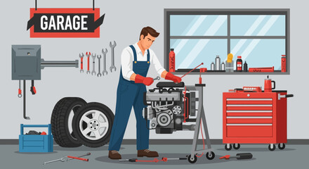Illustration of a mechanic working on a car engine in a garage workshop setting with various tools