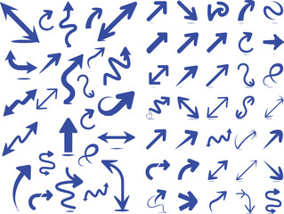 Collection of hand drawn blue arrows indicating directional guidance and design elements on white background