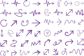 Collection of hand drawn purple arrows in various styles and directions isolated on white background