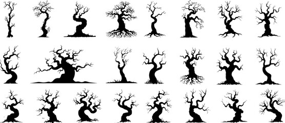 Collection of spooky black silhouette trees with various shapes and designs for halloween decoration