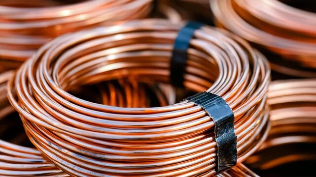 Copper wire coils stacked in a warehouse for construction and electrical applications