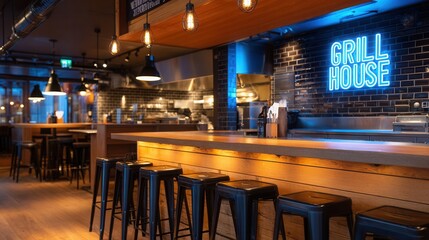 Cozy grill house interior with wooden bar stools and neon signage.