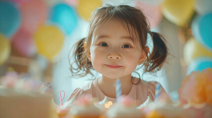 Asian toddlers aged 2–3 enjoy a joyful birthday party at kindergarten, on soft flooring, with bright lighting, cheerful vibes, in 3D animation style, rendered in 8K ultra HD...