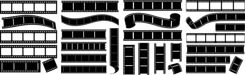 Collection of various black silhouette film strips isolated on white background vector illustration.