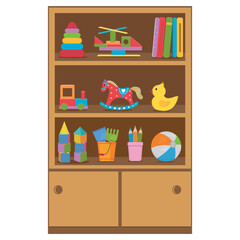 A cabinet with children's toys isolated on a white background in cartoon style