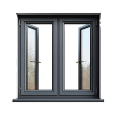 Dark gray window with casement design open showing outdoor view