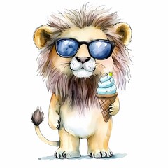 Naklejka premium Playful lion enjoying ice cream on a sunny day whimsical illustration fun environment children's art cute viewpoint joyful concept