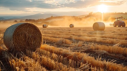 **Wheat Straw Being Baled By A Baler Machine. Cylindrical Bales Visible Across Field. Machine Operating In Background, Dust Rising. Evening Shadows Visible. --Ar 16:9 --V 6.0** - @Darya (Relaxed)
