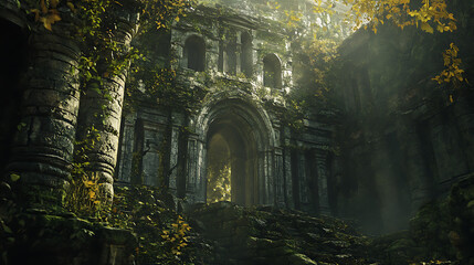 Obraz premium Leaves midjourney around a stony old-world edifice