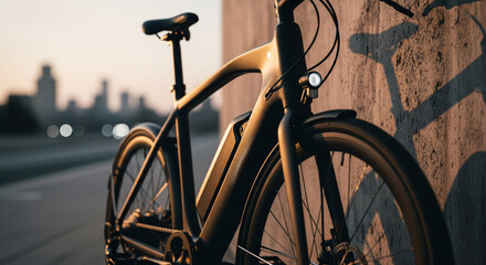 Close-up of a contemporary electric bicycle ready for an urban commute, illuminated by the warm light of sunrise over the city