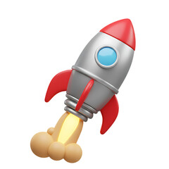 Cartoon rocket ship launching with fiery exhaust isolated on transparent background