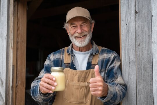 Elderly caucasian male farmer holding jar with thumbs up in rustic barn setting.