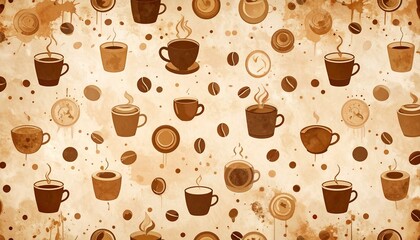 Obraz premium Seamless pattern illustrating coffee culture with various mugs, cups, and beans. A vintage, watercolor-style background concept.