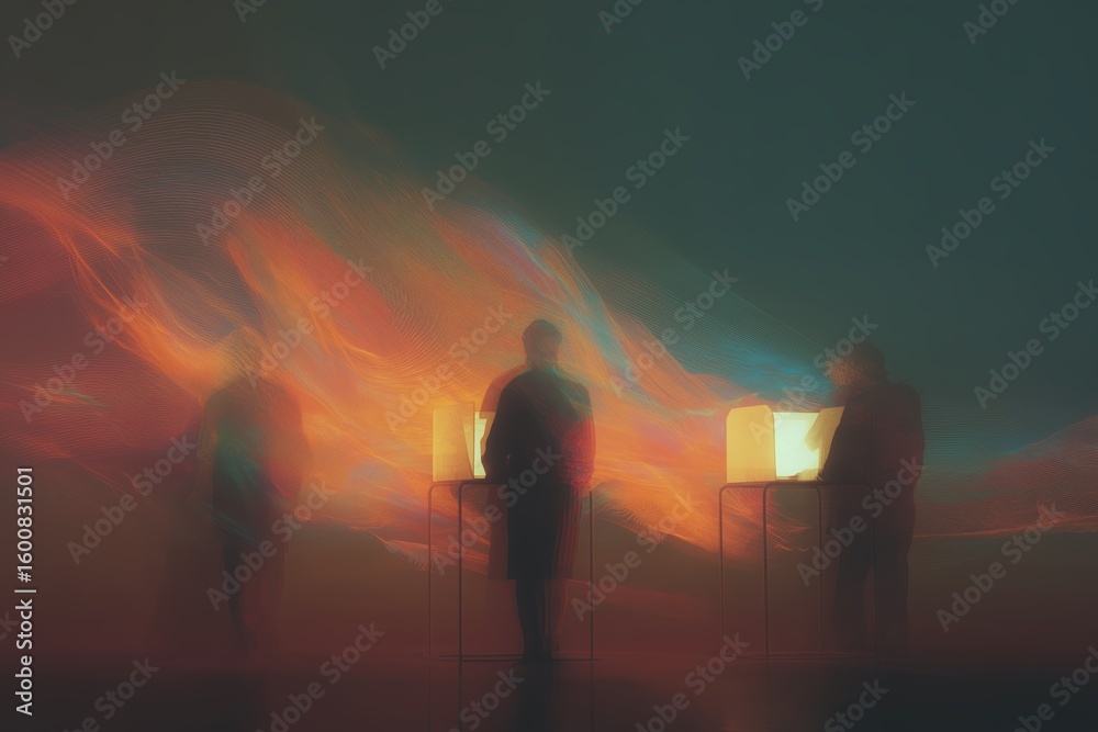 Poster silhouetted figures interacting with illuminated objects against a vibrant backdrop in an abstract s