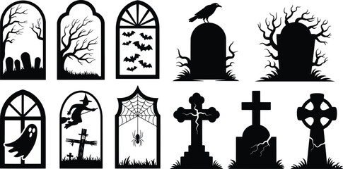 Halloween themed silhouette vectors featuring spooky gravestones witches bats spiders and more spooky elements