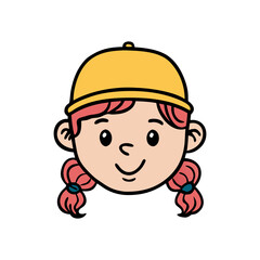 Cute cartoon girl face with pigtails and yellow hat isolated on transparent background