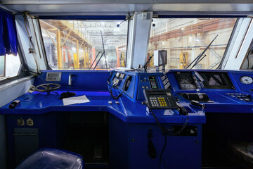Subway train interior. Driver dashboard