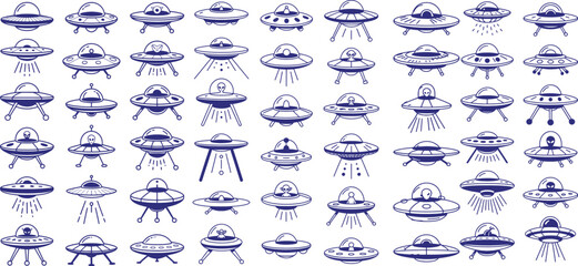 Numerous hand drawn ufos with alien pilots featuring various designs on white background © vector Art