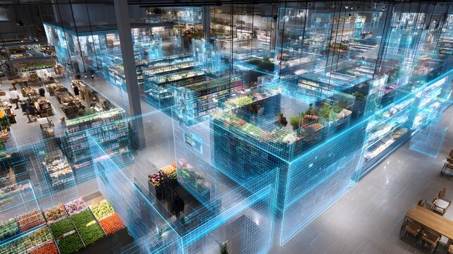 Supermarket interior with digital overlay showing data or information visualization.