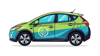 Naklejka premium Eco-Friendly Car Illustration with Leaf Logo, Green and Blue.