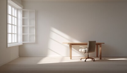 Fototapeta premium Empty Minimalist Home Office Room with Wooden Desk and Office Chair in Natural Light