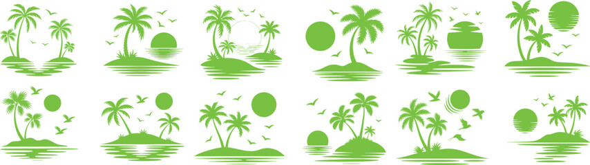 Set of green silhouetted tropical island scenes with palm trees sun birds and water reflections