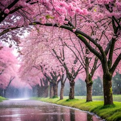 A picturesque avenue lined with blooming cherry blossom trees in full pink bloom with a reflective wet path after a gentle rain