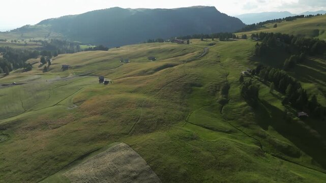 Aerial view of Compatsch meadows, where rolling green hills meet distant mountains under a soft, diffused light, creating a serene landscape, Kastelruth, Trentino-Alto Adige, Italy.
