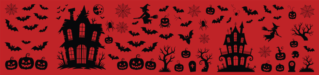 Spooky halloween themed design featuring bats pumpkins spiders witches haunted houses and tombstones silhouetted on red