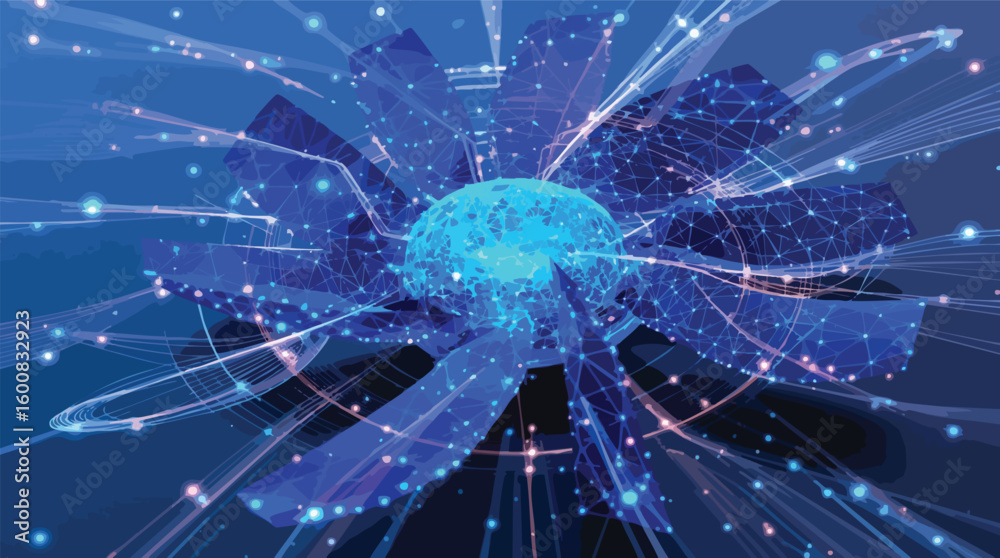 Poster abstract digital visualization of a futuristic network connecting and evolving technology.