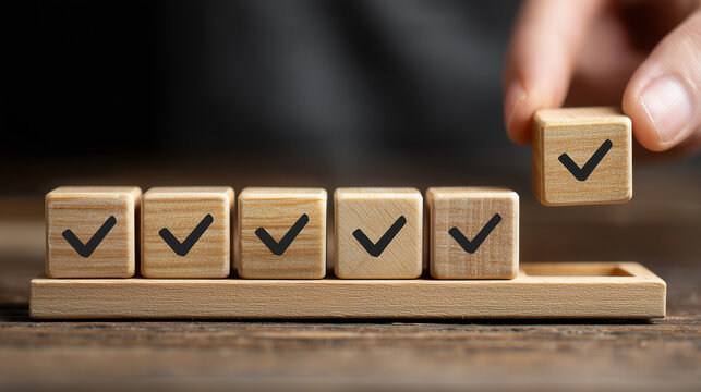 hand places a wooden block with a checkmark, completing a row of similar blocks. It symbolizes task completion, goal achievement, or project success. sense of accomplishment and progress