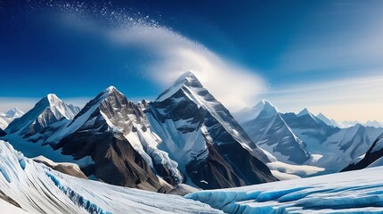 A majestic high-altitude Himalayan mountain range under a brilliant, cloudless blue sky with a subtle gradient of cerulean to azure towards the horizon, sharp, rugged rocky peaks rising dramatically.
