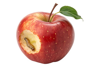 Red apple with leaf showing worm hole and brown caterpillar inside, isolated on a transparent background