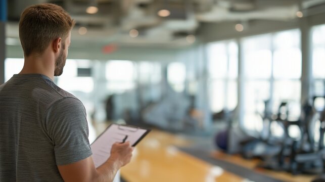 A focused personal trainer reviewing a client's fitness plan, standing inside a modern gym, the background showcasing equipment and blurred ambiance, offering a sense of motivation and well-being.