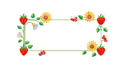 Strawberry and sunflower frame with berries and leaves
