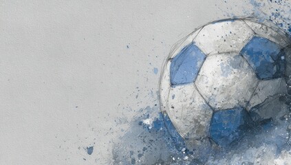 A stylized sketch of a soccer ball, rendered in shades of blue and gray, with a watercolor-like splash effect, set against a neutral background