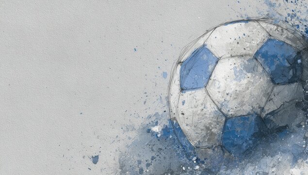 A stylized sketch of a soccer ball, rendered in shades of blue and gray, with a watercolor-like splash effect, set against a neutral background
