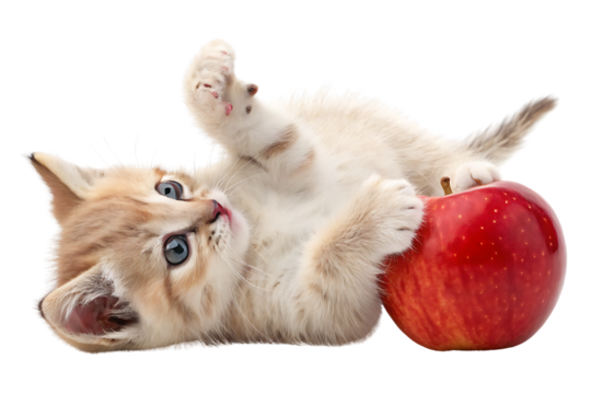 Playful kitten lying upside down holding red apple between paws, looking at camera, isolated on a transparent background