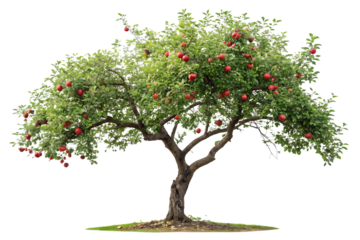Large spreading apple tree heavy with red fruit on multiple branches in full foliage, isolated on a transparent background