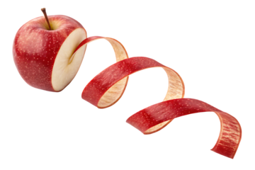 Red apple with continuous spiral peel being removed in decorative curling ribbon formation pattern, isolated on a transparent background
