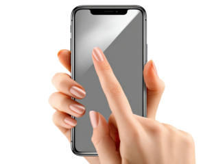 Hand holding smartphone with finger touching screen