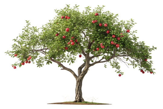 Mature apple tree with red fruit distributed throughout leafy canopy on established trunk and branches, isolated on a transparent background