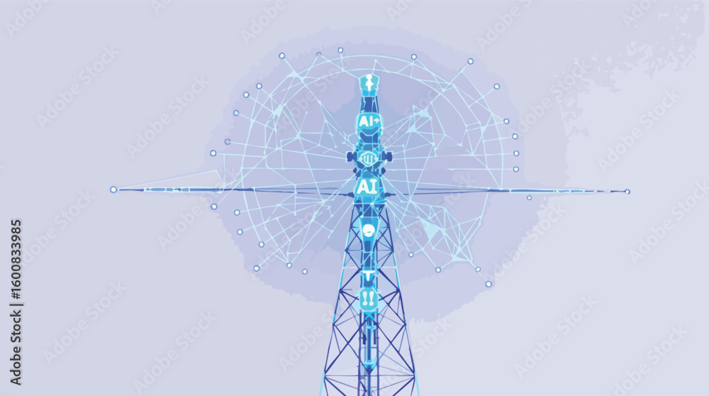 Poster artificial intelligence ai communication tower transmitting data signals in futuristic concept.