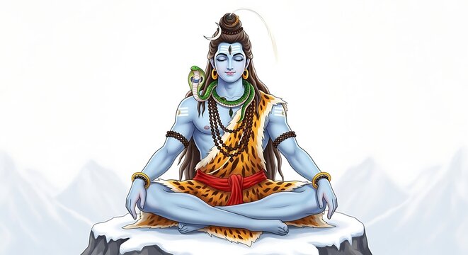 Artistic illustration of lord shiva in a meditative pose with traditional attire