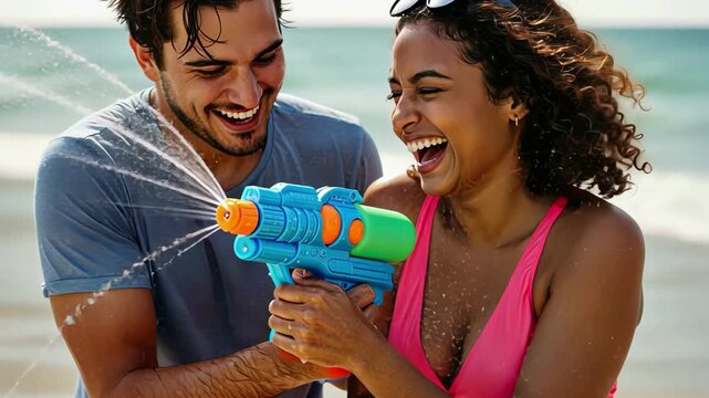 Playful beach adventure: couple joyfully sprays water with colorful squirt guns