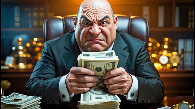 Cartoonish, stern-looking businessman in a suit clutching bundles of cash at a desk in a richly decorated office