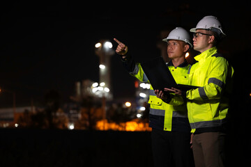Industrial engineer night inspection at refinery or petrochemical plant walkie-talkie hand and...